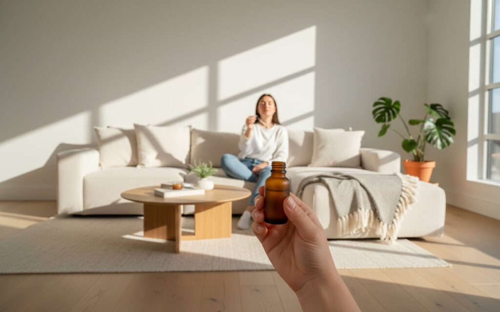 4. Beneficiile uleiului de cannabidiol (femeie care se relaxeaza pe canapea, barbat care tine o sticluta cu ulei CBD in mana, sufragerie minimalista)