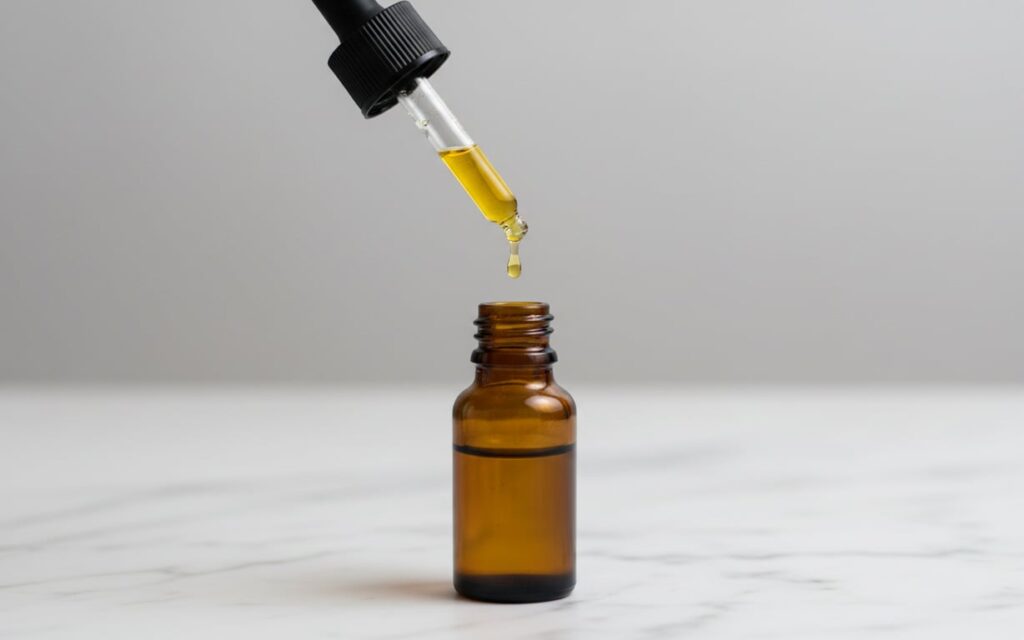 6. Cum se utilizează corect (sticluta cu ulei CBD, pipeta, blat din marmura alba)