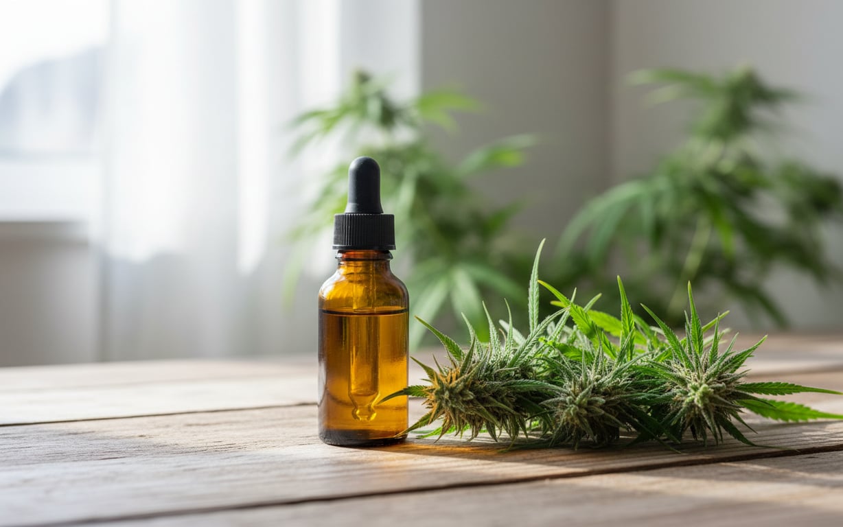 Ce este uleiul CBD (sticluta cu ulei CBD, planta de canabis, masa din lemn)